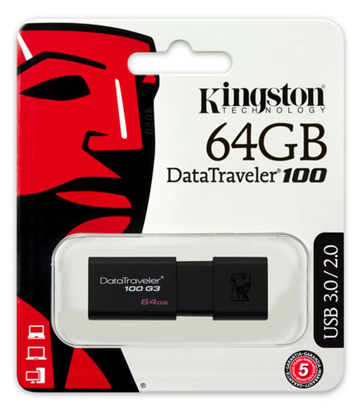 Memoria Flash USB Kingston DataTraveler 100 G3, 64GB, USB 3.0, presentación en colgador - 1