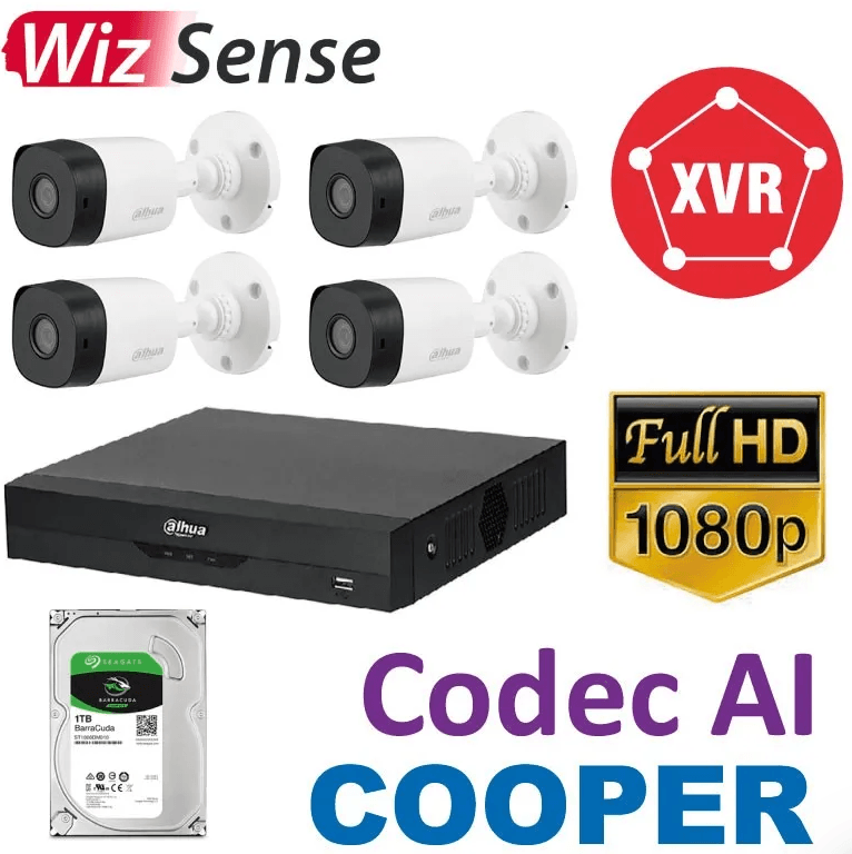 KIT COOPER AI 4 CAMARAS (2.8mm) 1 XVR, 4 CABLES ARMADOS, 1 FUENTE, 1TB - 1