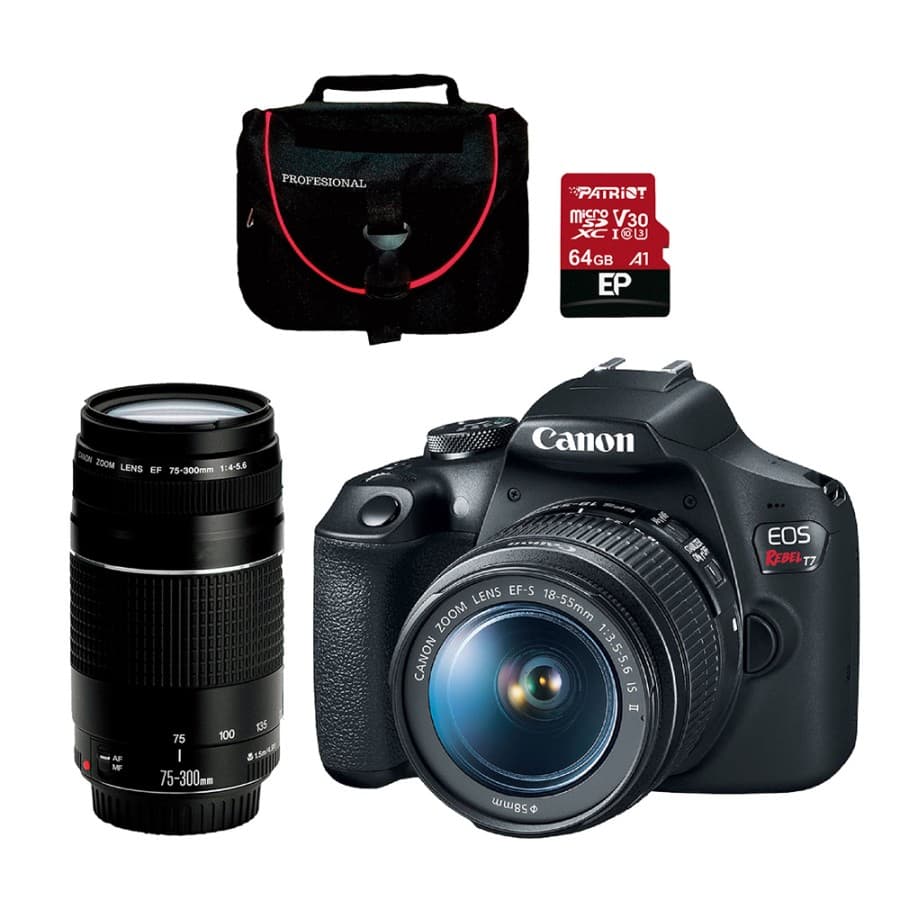 Cámara fotográfica Canon EOS T7, lente EF-S 18-55mm + Lente 75-300 + Memoria 64GB y estuche - 1