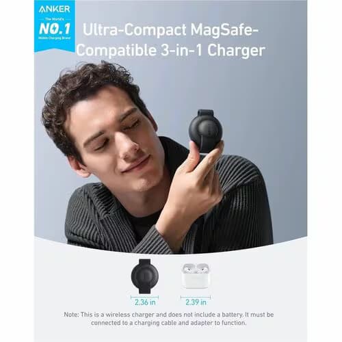 ANKER MagGo A2557 Cargador por inducción - Negro - Para AirPod, iPhone, Smartwatch, Auricular, Smartphone - 12 V Entrada - Carga rápida, Plegable - 3
