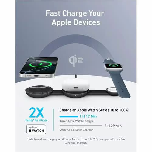 ANKER MagGo A2557 Cargador por inducción - Negro - Para AirPod, iPhone, Smartwatch, Auricular, Smartphone - 12 V Entrada - Carga rápida, Plegable - 2