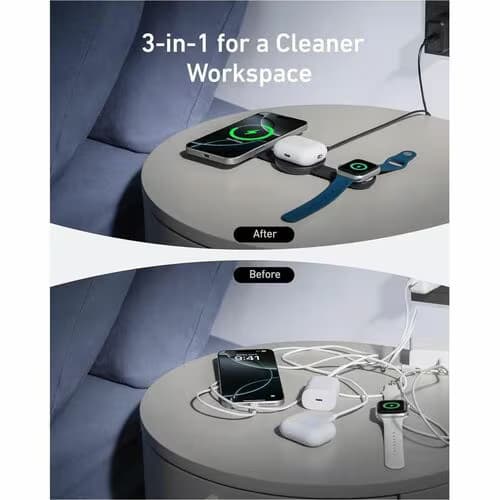 ANKER MagGo A2557 Cargador por inducción - Negro - Para AirPod, iPhone, Smartwatch, Auricular, Smartphone - 12 V Entrada - Carga rápida, Plegable - 4