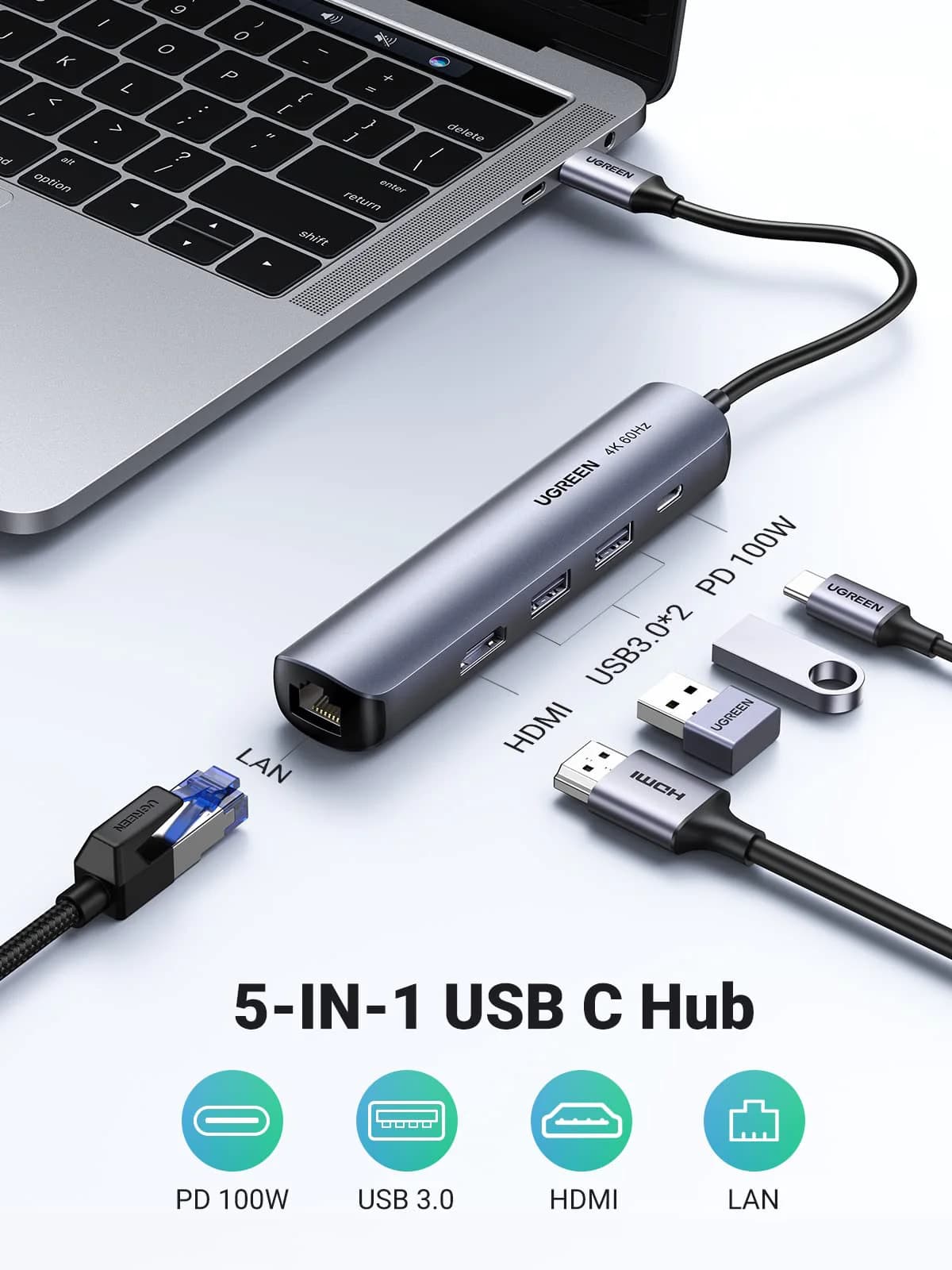 UGREEN 5in1 Ultra Slim2xUSB3.0 1xHDMI 1xRJ45 1000Mbps - 1
