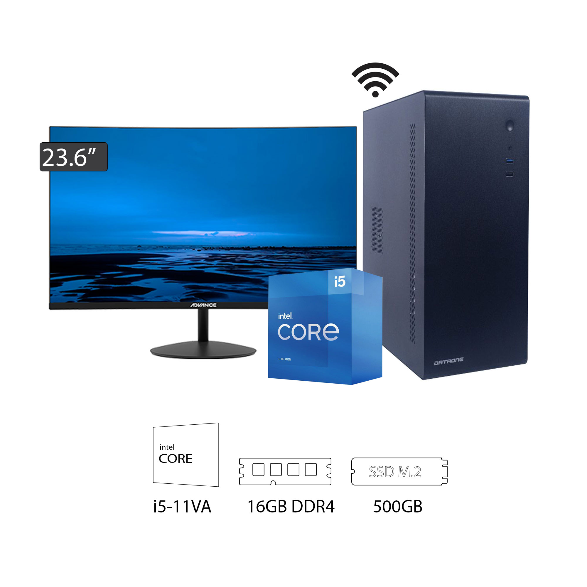 PC Intel Core i5-11ava Gen, Memoria RAM 16GB, Disco solido 500GB, Monitor 23.6"