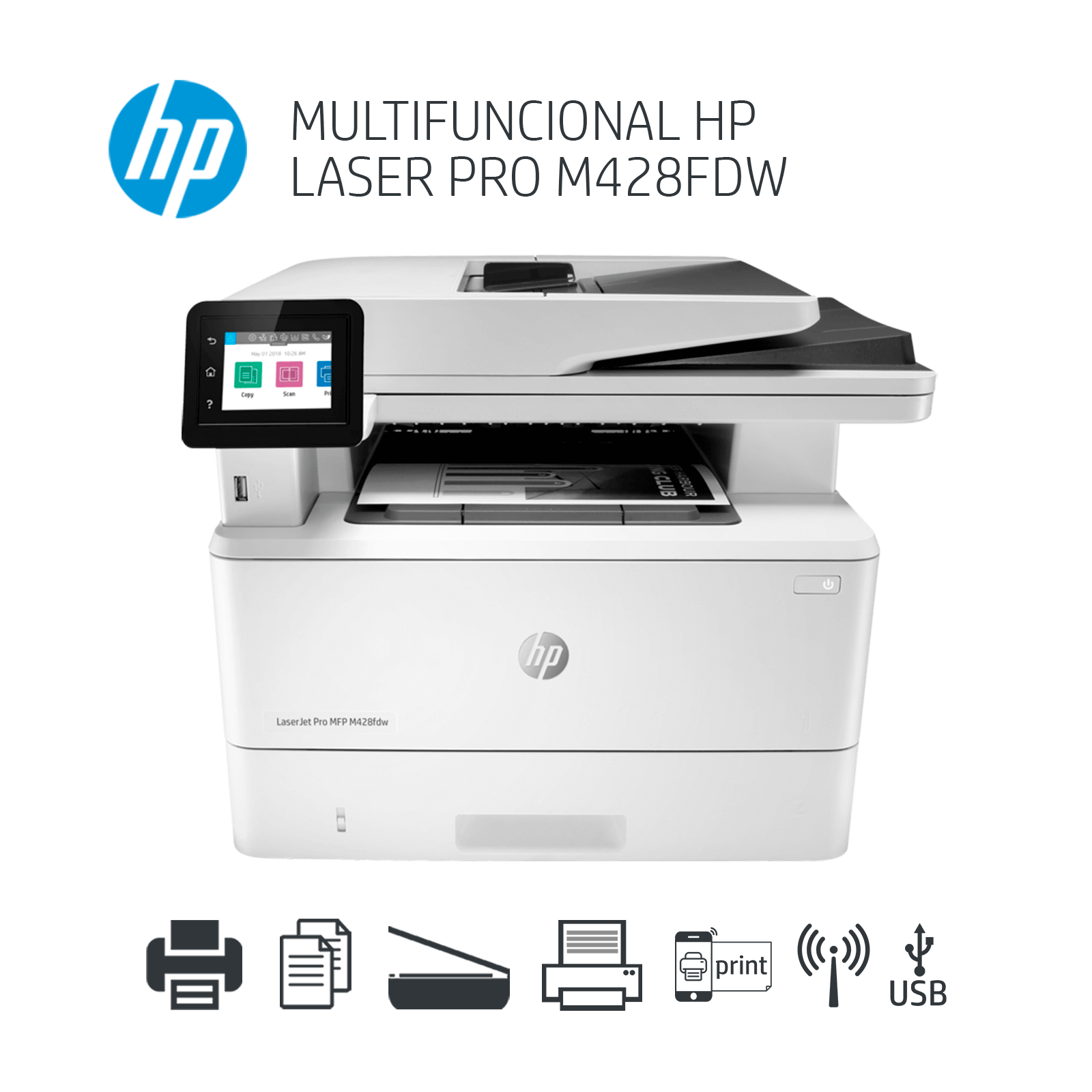 Impresora Multifuncional M428fdw Laser, 38ppm, impresión en negro, WIFI, LAN, memoria 512MB