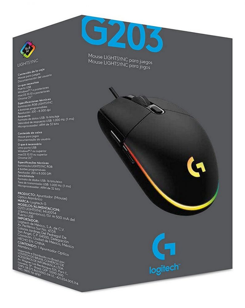 Mouse Gamer Logitech G203 Lightsync Optical 8000 Dpi Rgb Black